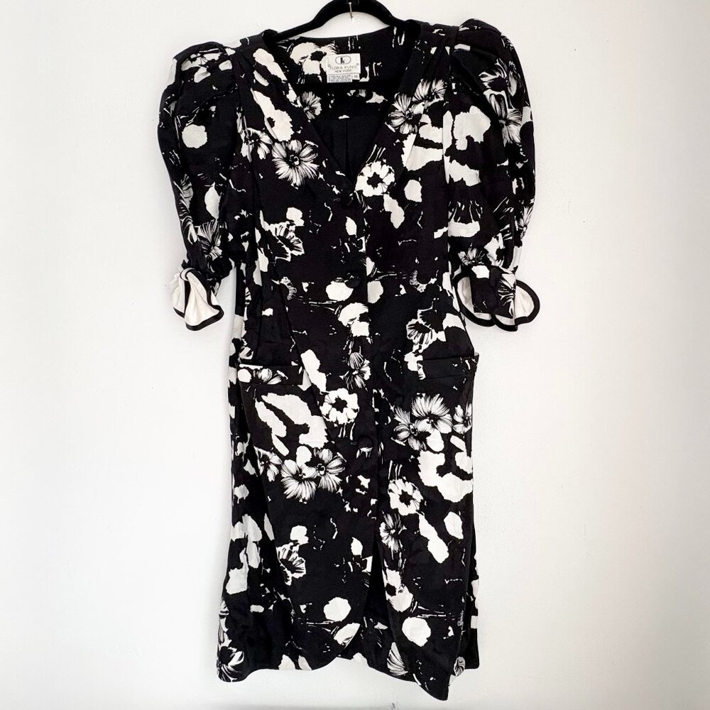 80's Flora Kung New York Power Suit Silk Button Down Dress with Shoulder Pads